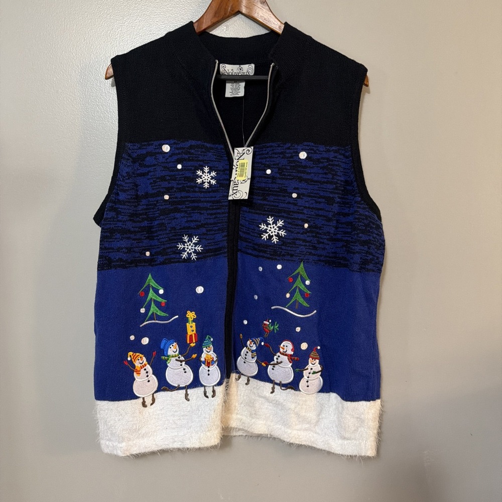 90s Nouveaux Snowmen Ugly Christmas Sweater Vest Shaggy Fur Snowflake Zip Sz 2X